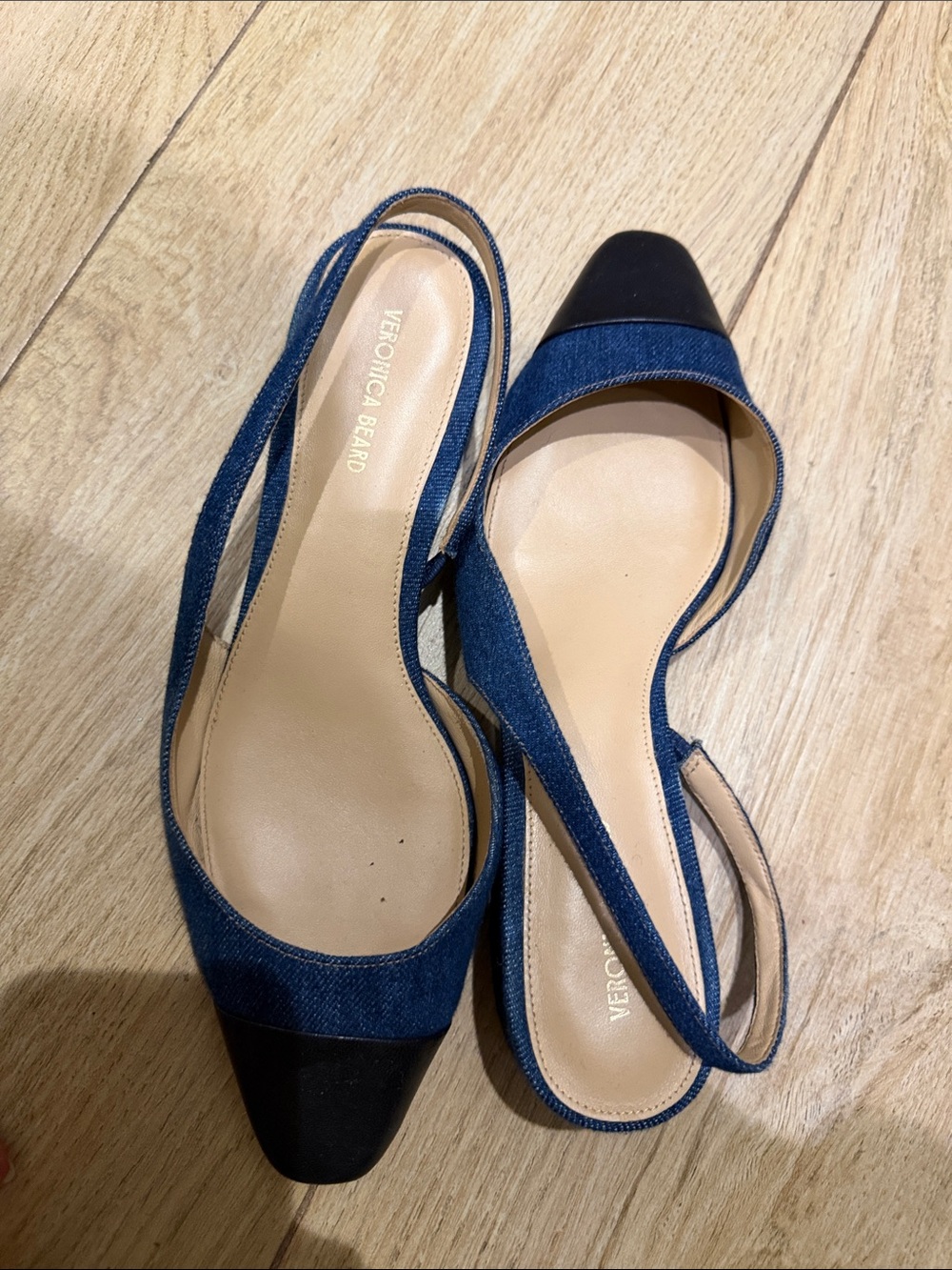 Veronica Beard Blue Denim Slingback Flats with Black Cap Toe
